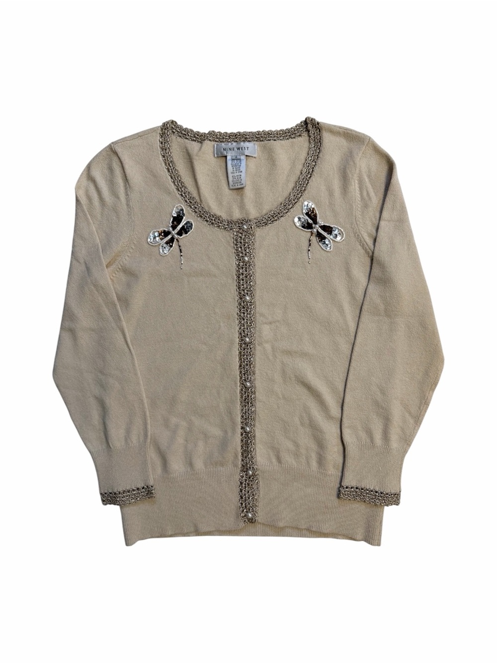 Nine West Tan Embellished Dragonflies Buttoned Cardigan Sweater